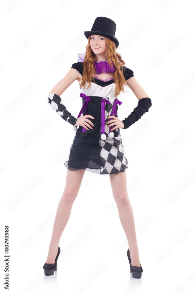 A girl in harlequin costume isolated on white A girl in harlequin costume isolated on white