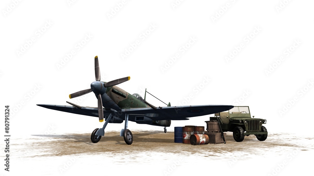 Fototapeta Spitfire Airplane and Jeep - isolated on white background
