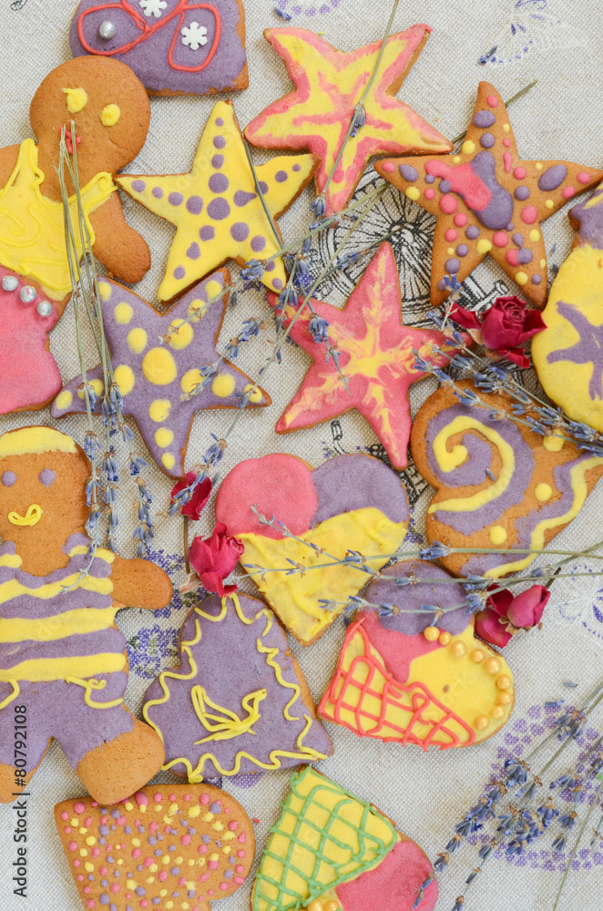 Bright and cheerful gingerbread handmade cookies, view from
