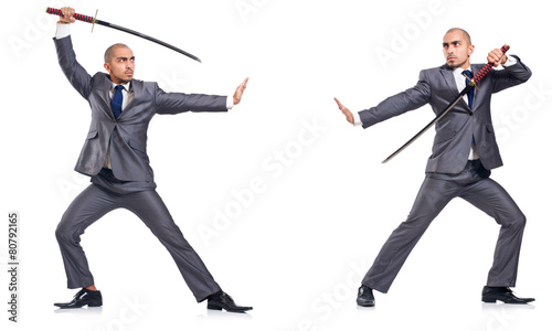 Two men figthing with the sword isolated on white