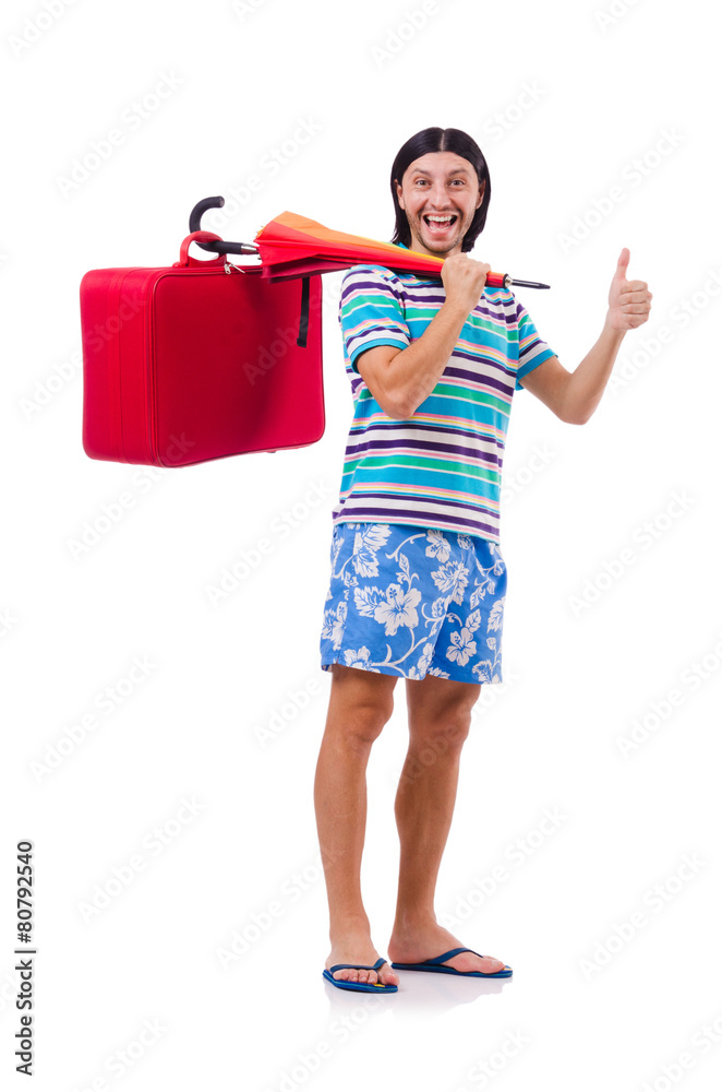 Traveler with red case  and umbrella isolated on white