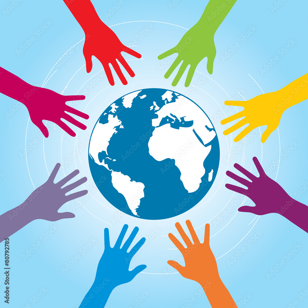 Fototapeta premium Human arms colored around the globe with the world map.