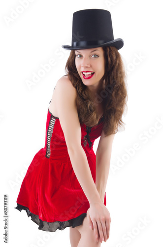 Young female model posing in red mini dress