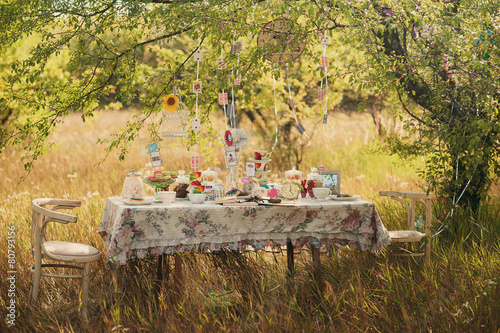 Colorful party table with decorations in park