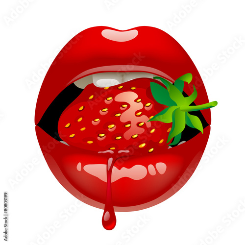 Red lips with a strawberry