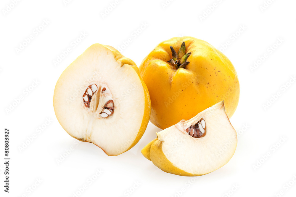 Quince with slices on a white background