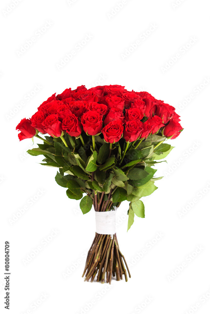 Fototapeta premium Big bouquet of red roses isolated on white background