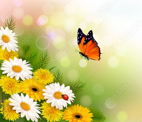 Spring background. Flowers and a butterfly. Vector.