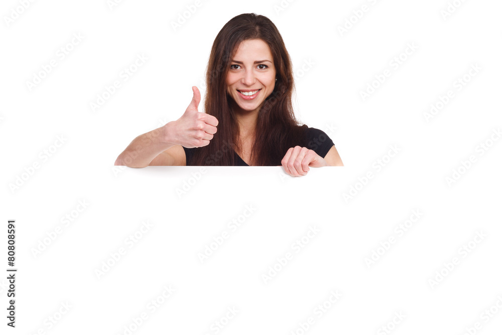 attractive girl with blank ad shows thumb up attractive girl with blank ad shows thumb up