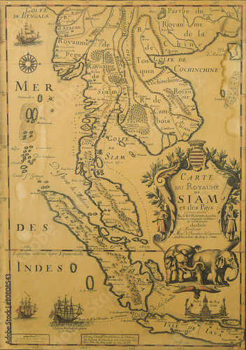 Antique Thailand map from XVII century