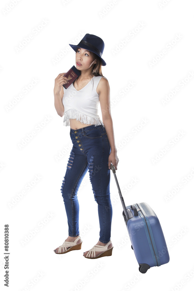 Beautiful women with a passport and guide for trip Beautiful women with a passport and guide for trip