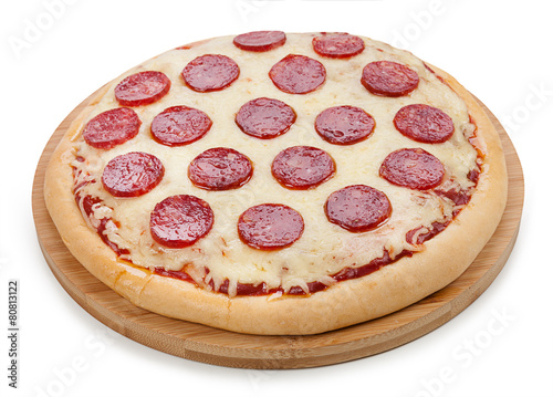 Pizza with salami isolated on white background