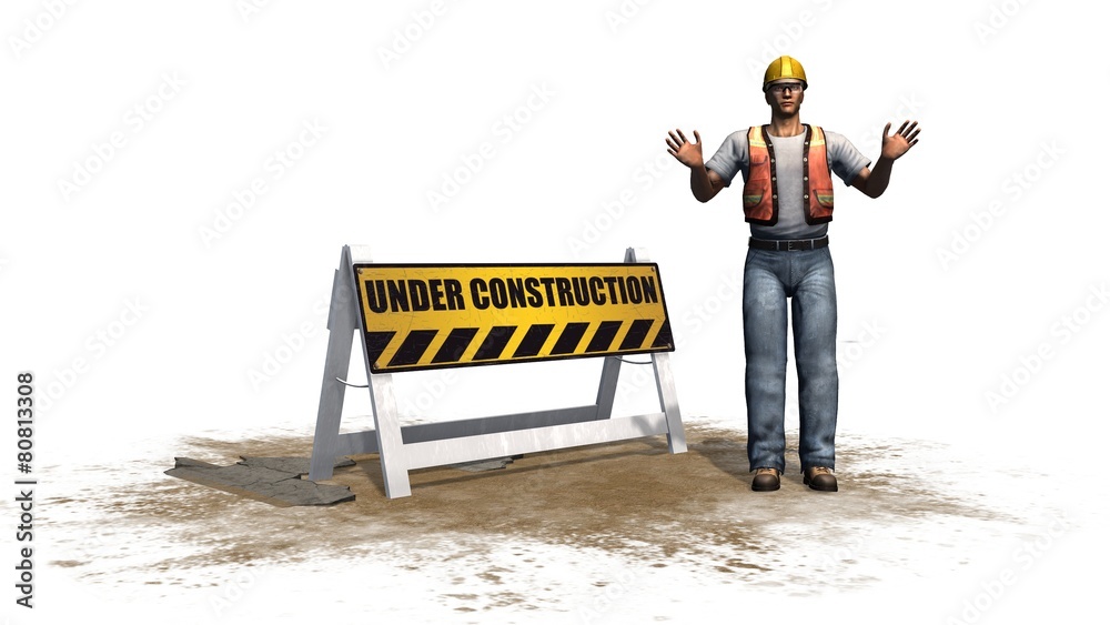 under construction road barrier sign with construction workers under construction road barrier sign with construction workers