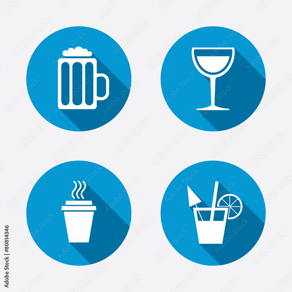 Drinks signs. Coffee cup, glass of beer icons.