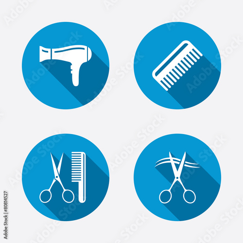 Hairdresser icons. Scissors cut hair symbol.