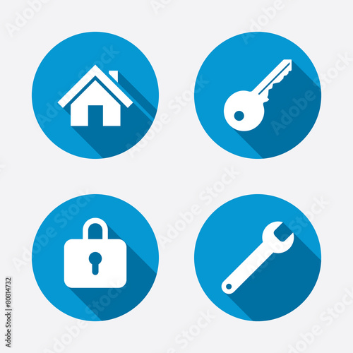 Home key icon. Wrench service tool symbol.