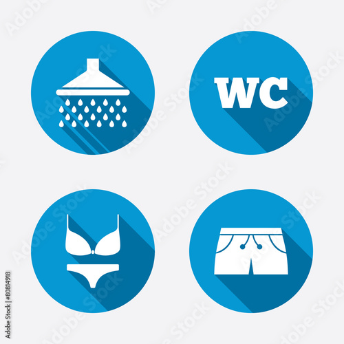 Swimming pool icons. Shower and swimwear signs.
