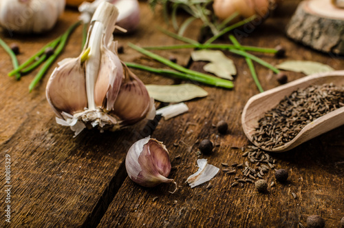 Onions, garlic and herbs bio from the garden