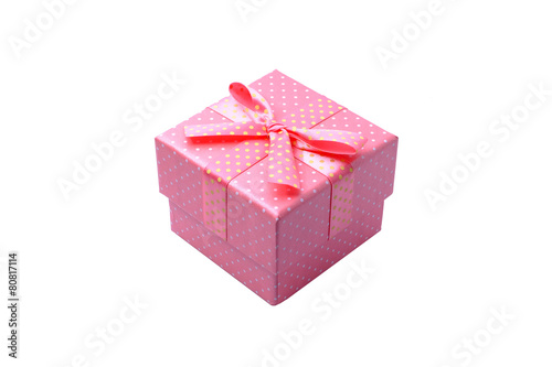 pink gift box with pink ribbon bow, on white background