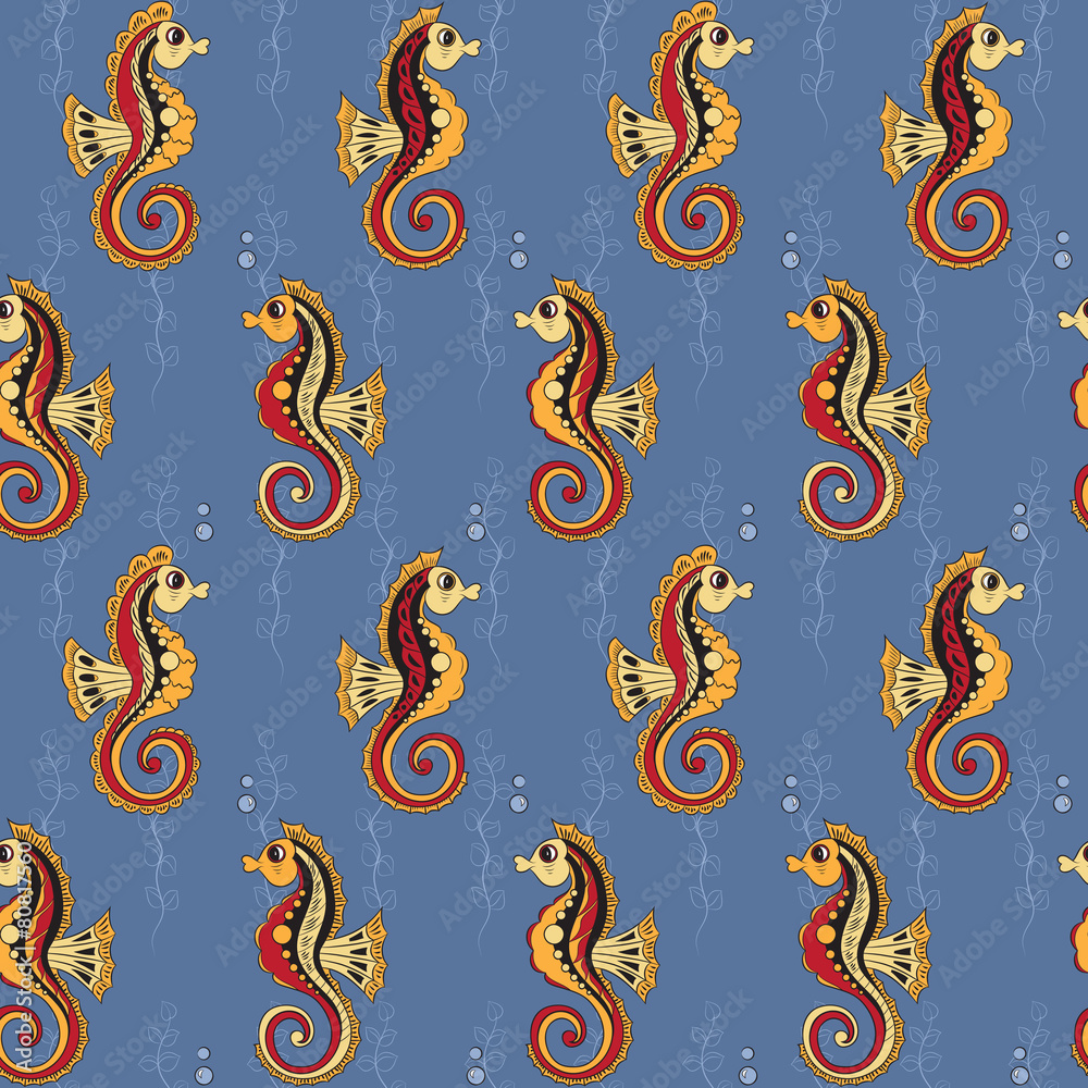 Obraz premium Pattern with seahorses and water plants