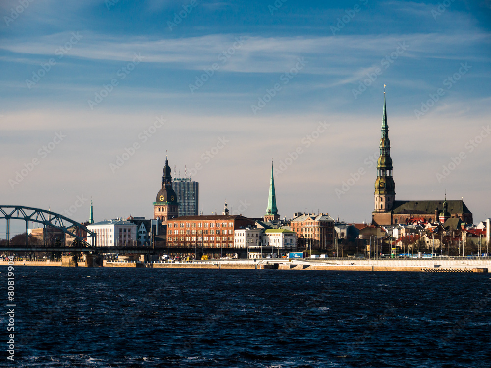 Evening view of quay Daugava rive in Riga.