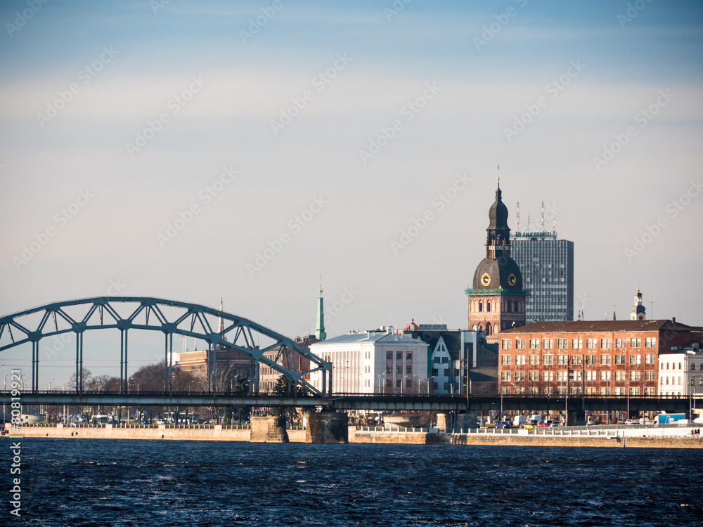 Naklejka premium Evening view of quay Daugava rive in Riga.