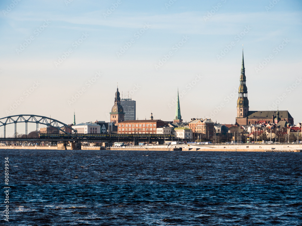 Evening view of quay Daugava rive in Riga.