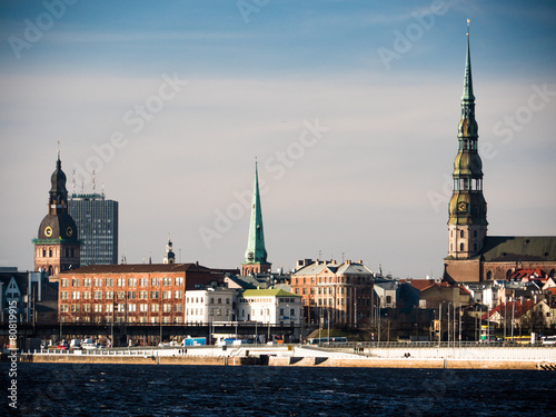 Evening view of quay Daugava rive in Riga. © dolfvik