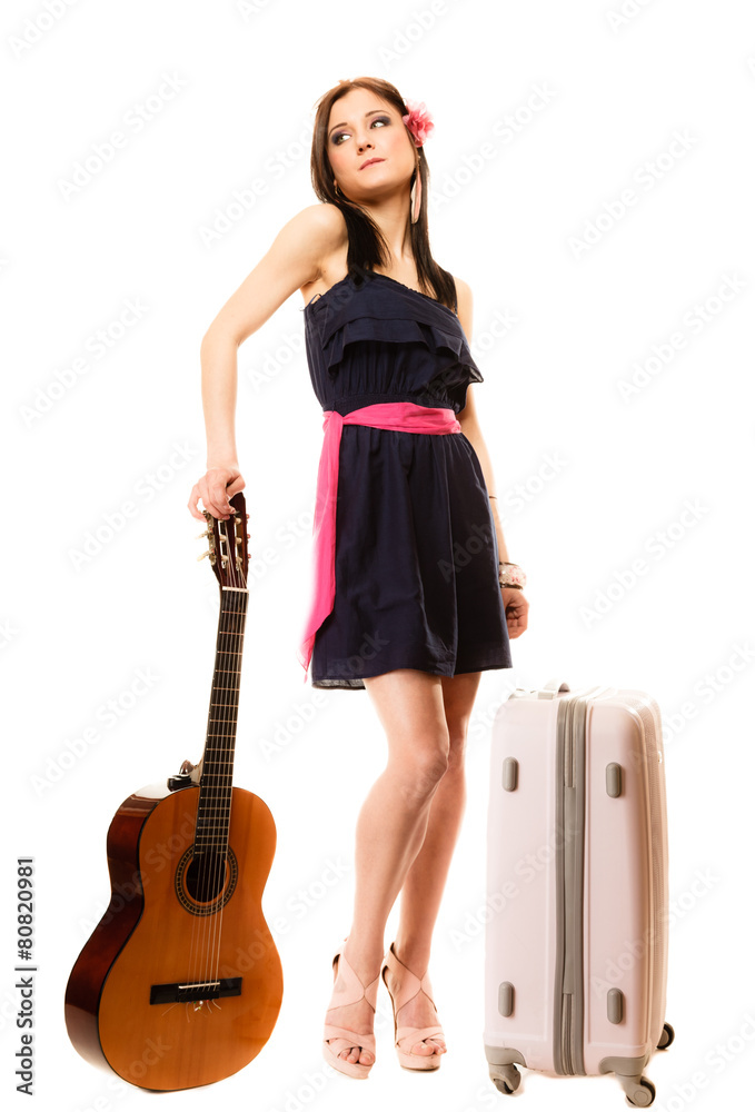 Music lover, summer girl with guitar and suitcase Music lover, summer girl with guitar and suitcase