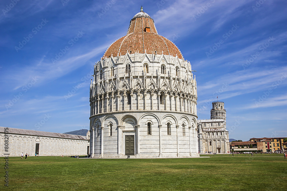 Pisa Leaning tower and Baptistery in Italy in summertime