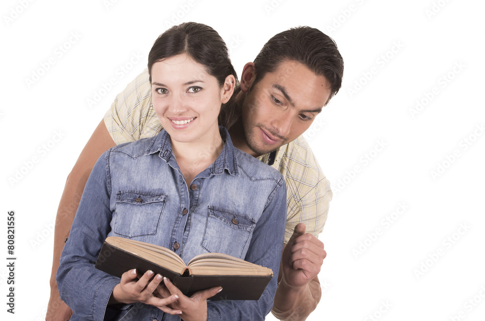 couple of cheerful happy attractive students holding book couple of cheerful happy attractive students holding book