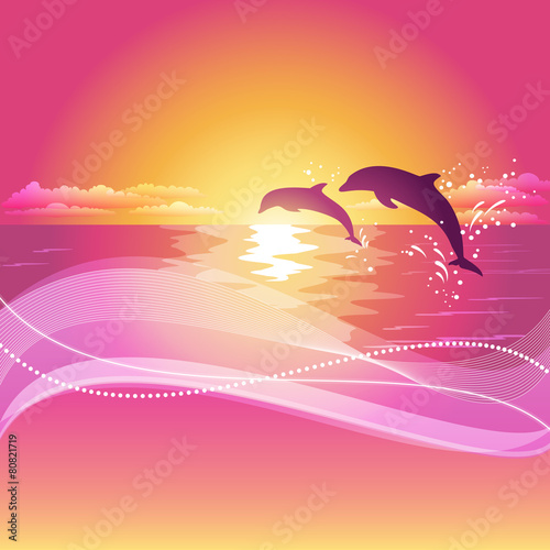 Background with silhouette of two dolphins at sunset. Eps10