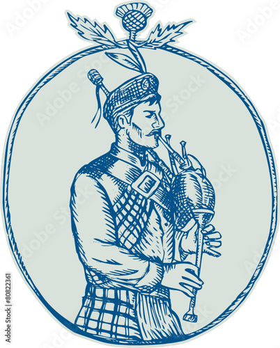 Scotsman Bagpiper Playing Bagpipes Etching photo
