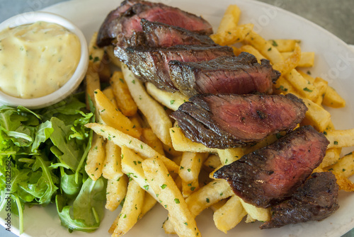 Photography Steak Frites with Red Wine and Salad