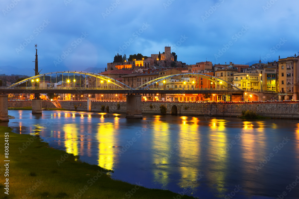 Evening view of Ebro river with bridge and  Castle in Tortosa