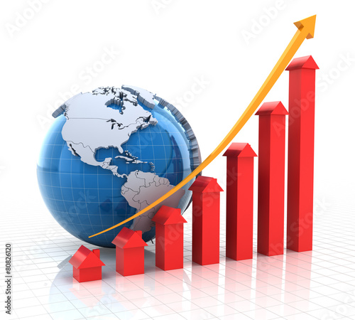 Real estate growth chart with globe, 3d render