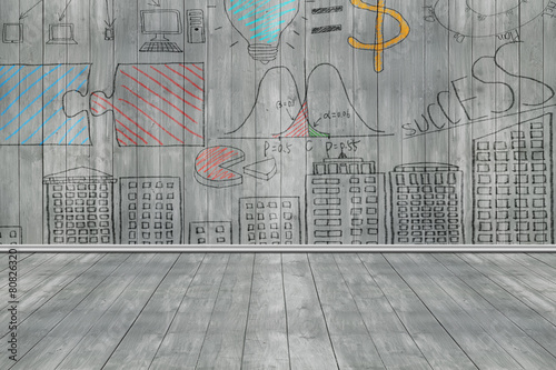 Business concept doodles on dark gray wooden wall and floor photo
