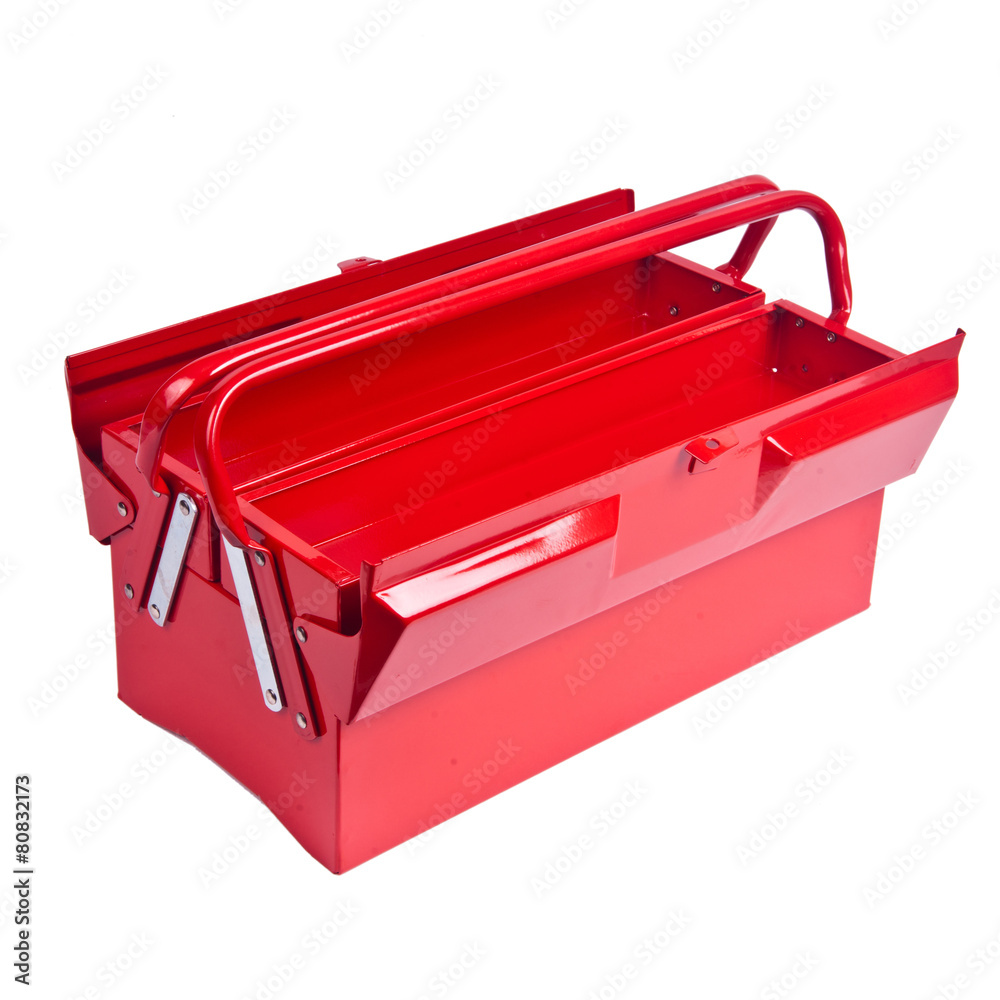 Red metal toolbox isolated on white - obrazy, fototapety, plakaty 