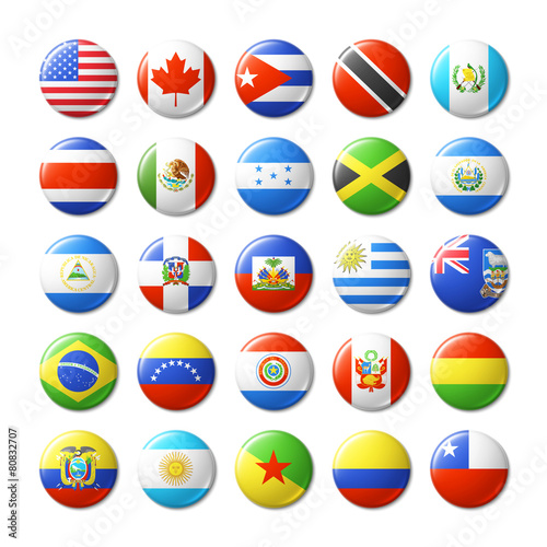 World flags round badges, magnets. North and South America.