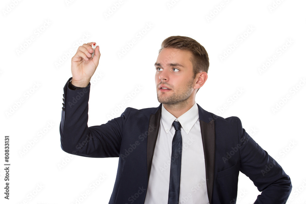 Young businessman writing on virtual screen Young businessman writing on virtual screen