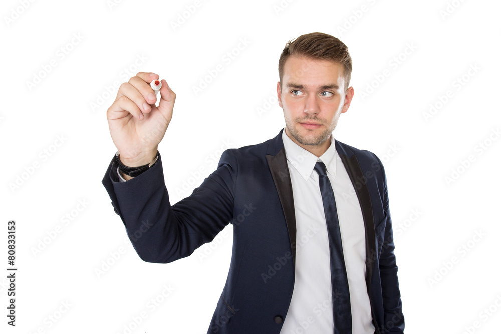 Young businessman writing on virtual screen Young businessman writing on virtual screen