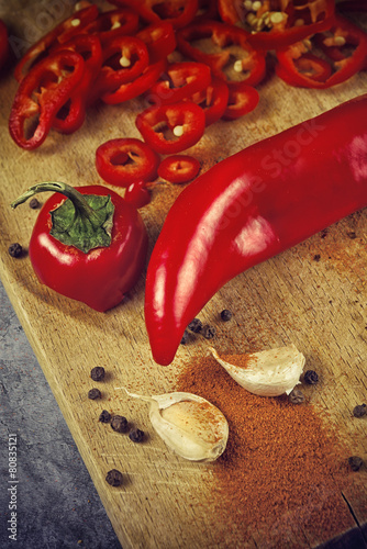Canvas Print Pepper and Garlic as Hot Food Ingredients for Piquant Cuisine