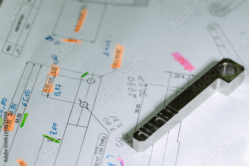 Ready CNC metal detail on technical drawing sketch with measures