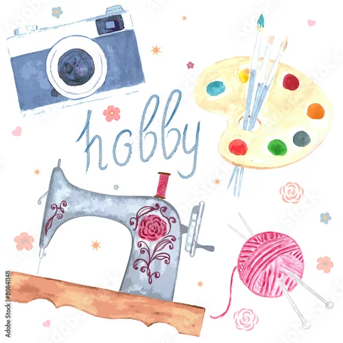 Fototapeta samoprzylepna Set of watercolor images. Hobby