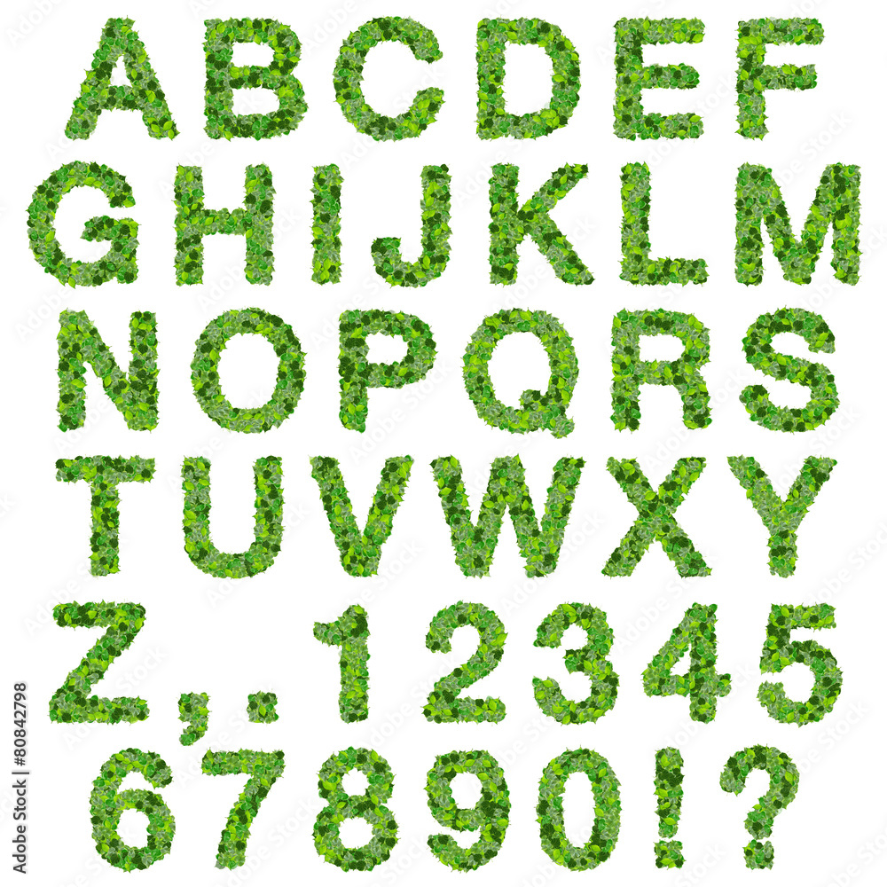 Alphabet with numbers made from green leaves. Alphabet with numbers made from green leaves.