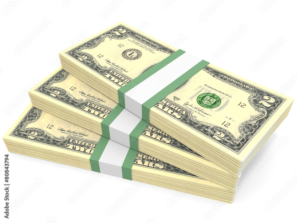 Stacks of money. Two dollars. Stacks of money. Two dollars.