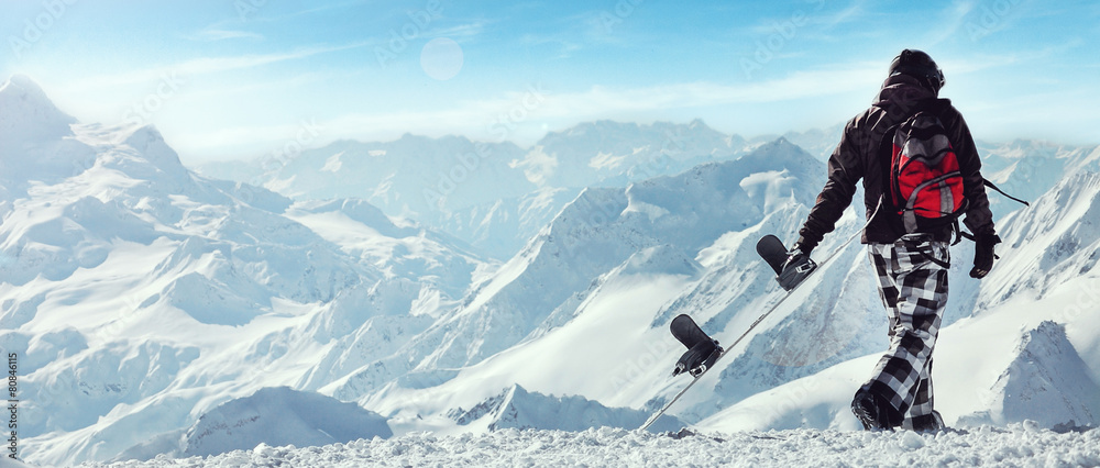 Snowboard freerider  in the mountains - obrazy, fototapety, plakaty 