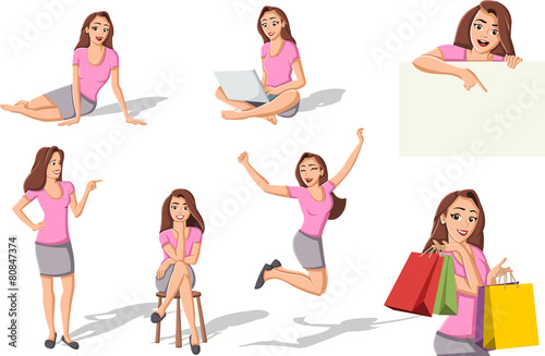 Beautiful cartoon woman in different poses