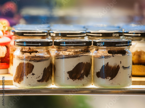 Layered freshly chocolates cake baked in a glass 