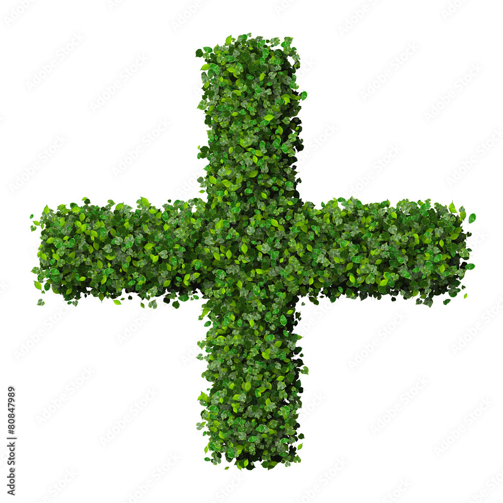 Pharmacy plus with ring made from green leaves. - obrazy, fototapety, plakaty 